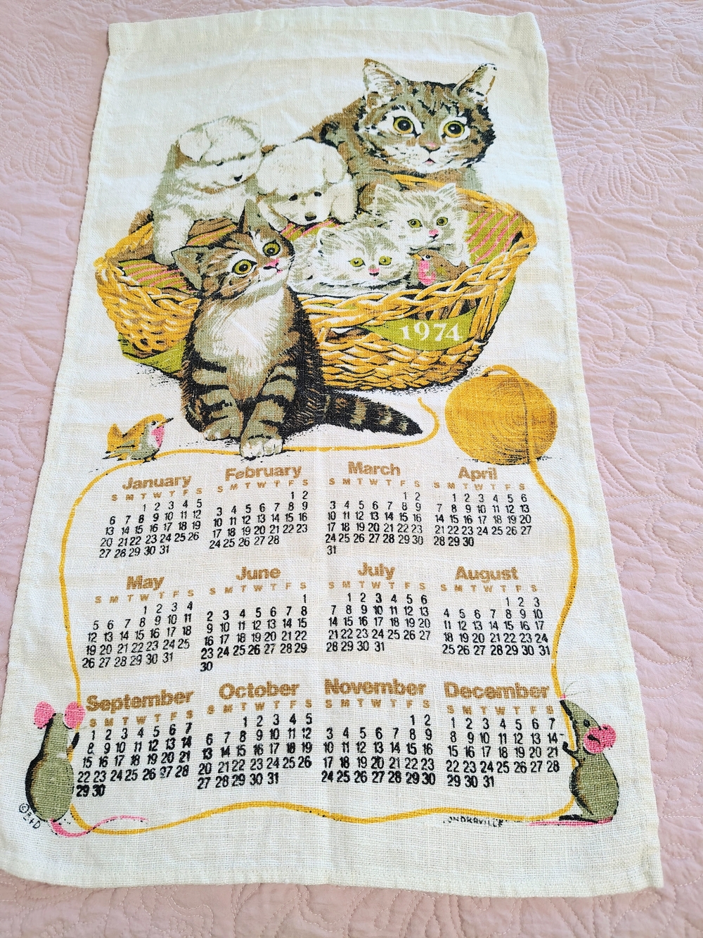Vintage 1974 Basket of Kittens Calendar Towel 27" x 15"
